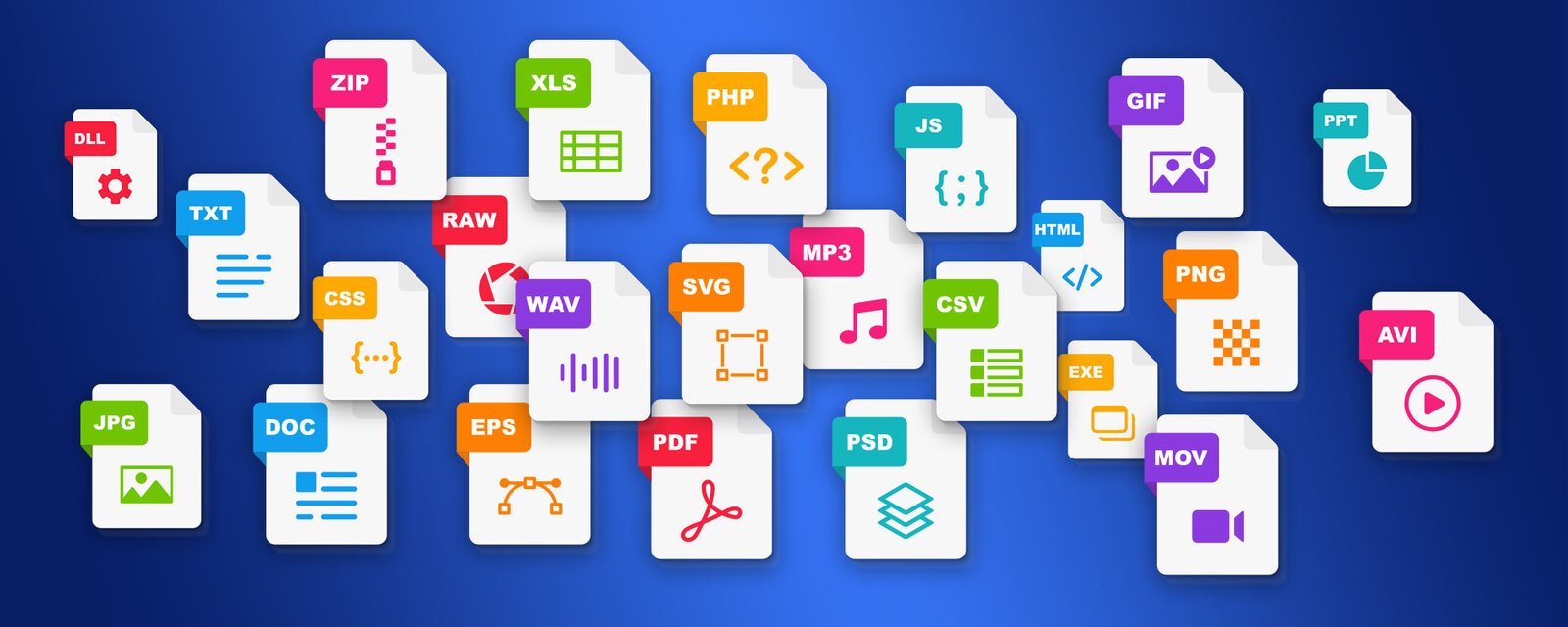 Übersicht verschiedener Dateiformate wie Bild-, Video- und Dokumentdateien im Digital Asset Management