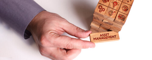 Hand hält einen Holzstempel mit der Aufschrift „Asset Management“ – Symbol für die Implementierung eines DAM-Systems