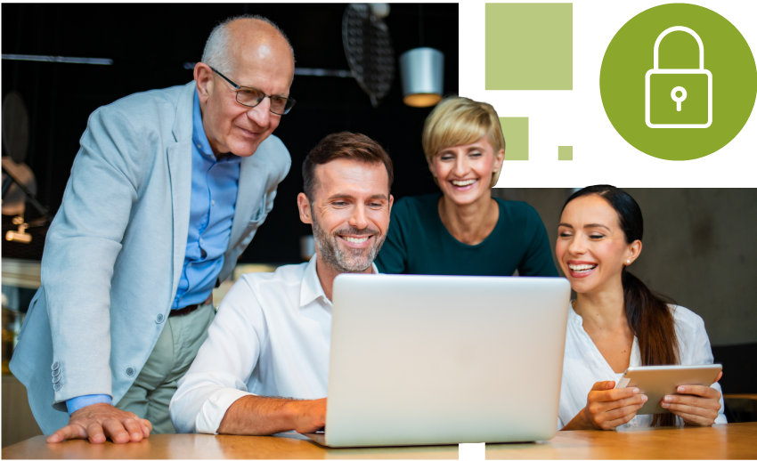 Gruppe bespricht digitale Inhalte am Laptop