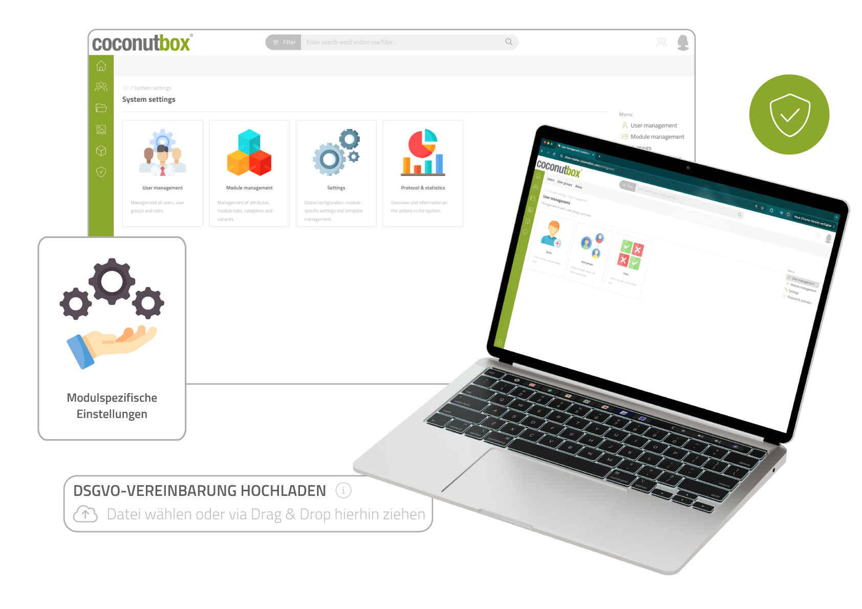Verwaltungs- und Einstellungsmodule der coconutbox Software