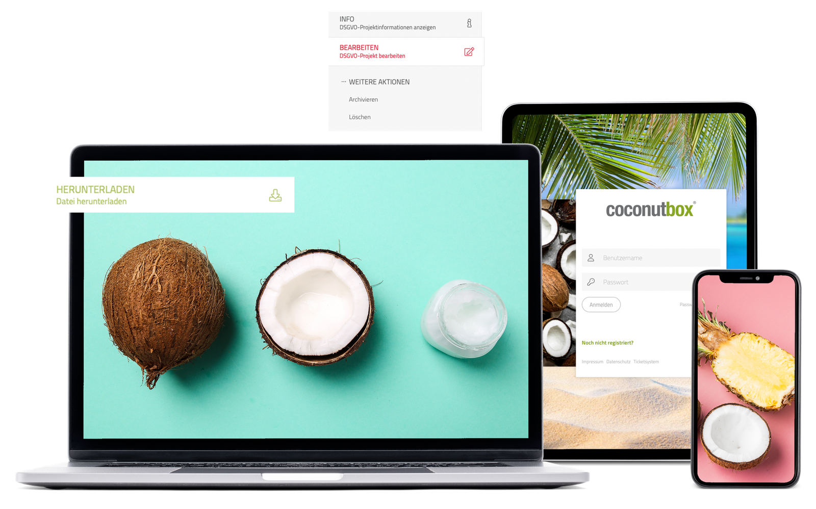 3 verschieden große Bildschirme mit Digital Asset Management von coconutbox