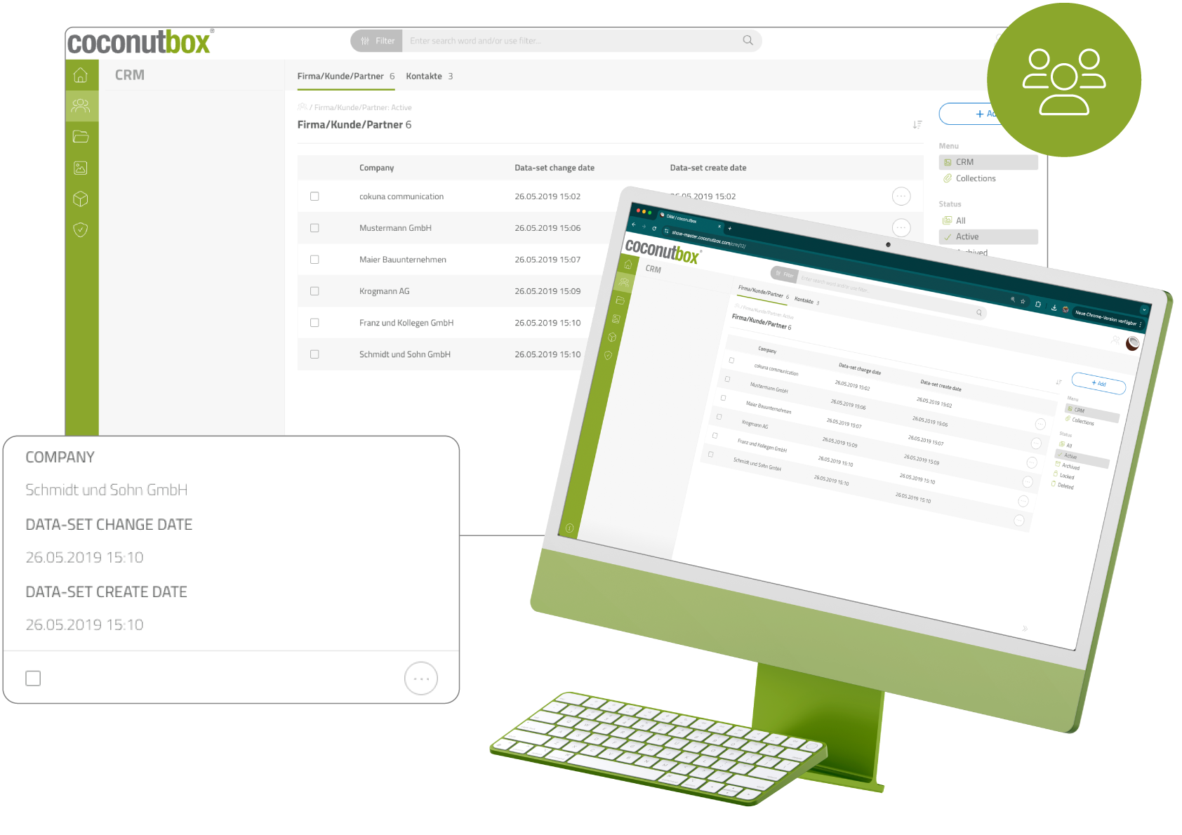 CRM-Übersicht mit Firmen- und Partnerdaten in coconutbox