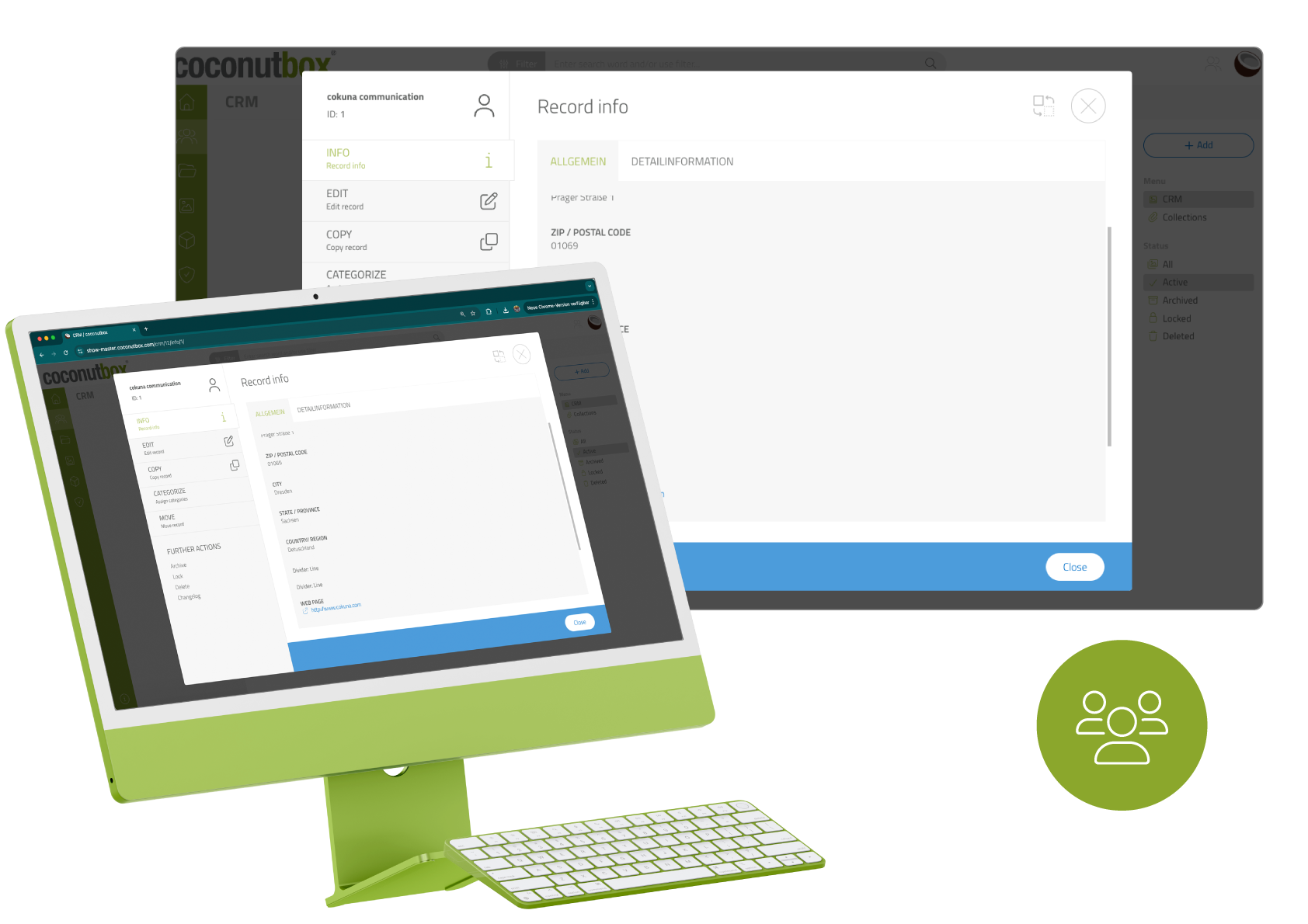 Detailansicht eines Datensatzes im CRM-System von coconutbox