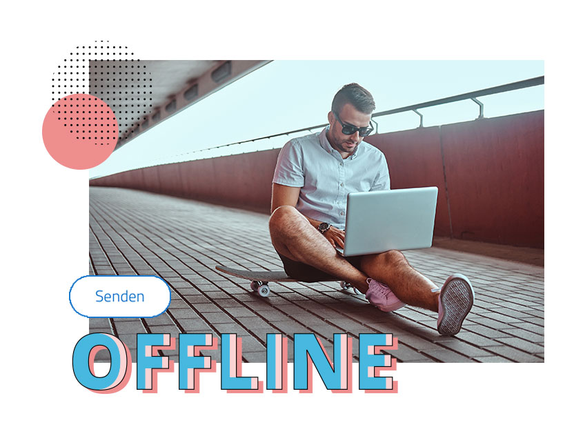 Mann mit Laptop auf Skateboard und Offline-Schriftzug Mann mit Laptop auf Skateboard und Offline-Schriftzug